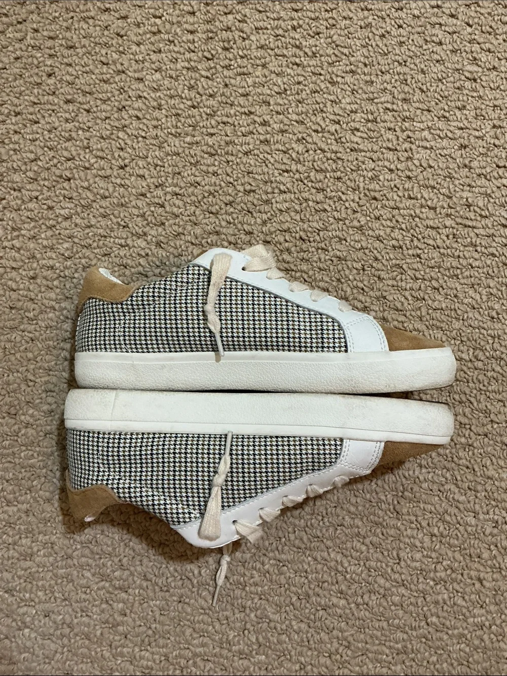 Vintage Havana Tan Suede & White Leather Sneakers with Houndstooth Trim